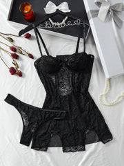 Women'S Floral Contrast Lace Sheer Sexy Lingerie Two-Piece Set, Adjustable Strap Bow Decor Dress & Thong Set