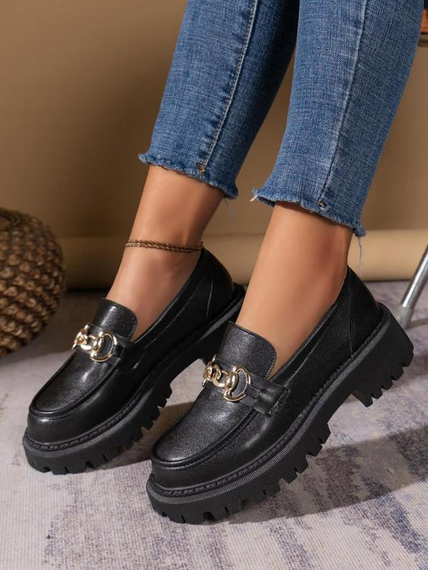 Women's Chain Decorated Chunky Heel Slip-On Loafers