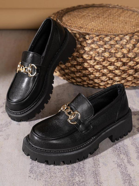 Women's Chain Decorated Chunky Heel Slip-On Loafers