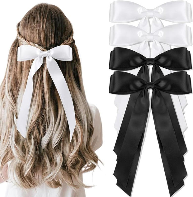 Silky Satin Long Tail Hair Bows - 4Pcs Set