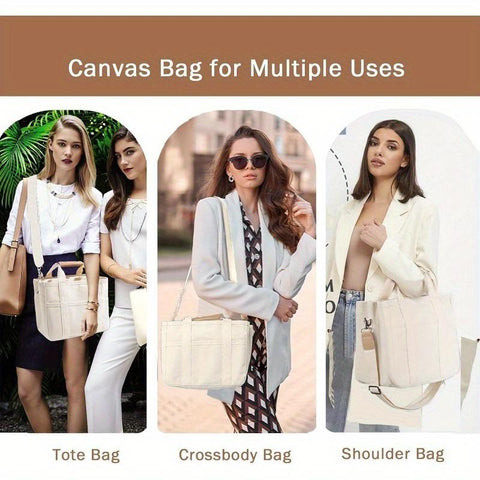 Canvas Tote Bag with Multi Pockets Large Tote Bags for Women, Everything Tote Bag Large Capacity Bag Canvas Crossbody Handbag Shoulder Bag