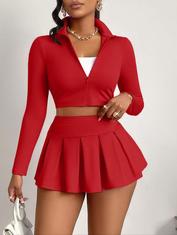 Women's Solid Zip-Up Crop Jacket & High-Waist Skirt Set