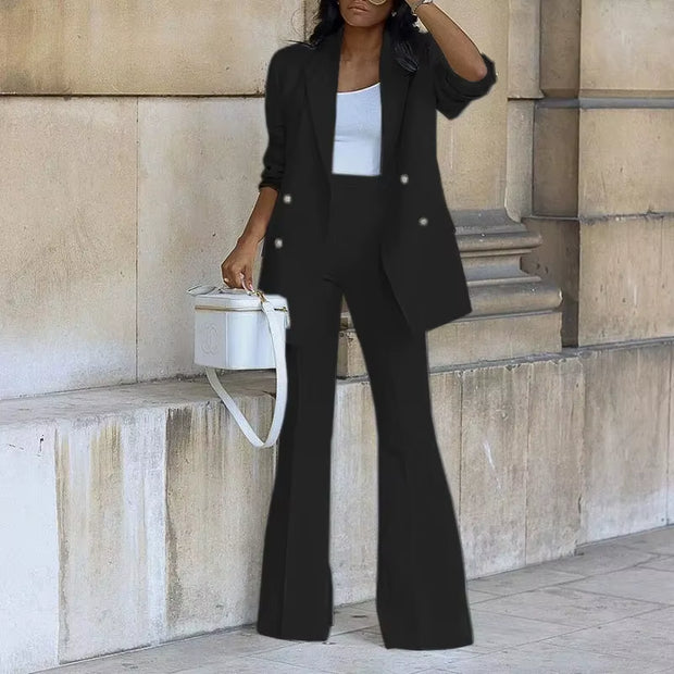 2025 Women’s Solid Color Casual Fashion Suit with Bell Bottoms – Western-Inspired Stylish Set