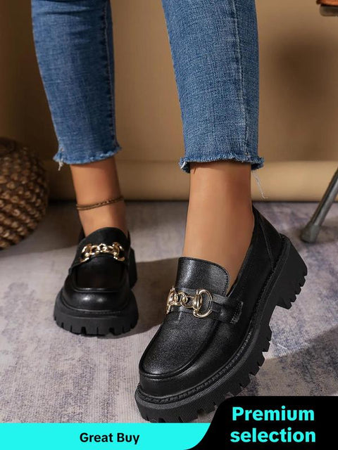 Women's Chain Decorated Chunky Heel Slip-On Loafers