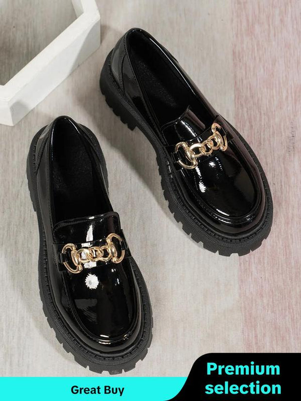 Women's Chain Decorated Chunky Heel Slip-On Loafers