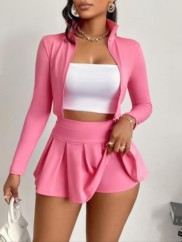 Women's Solid Zip-Up Crop Jacket & High-Waist Skirt Set