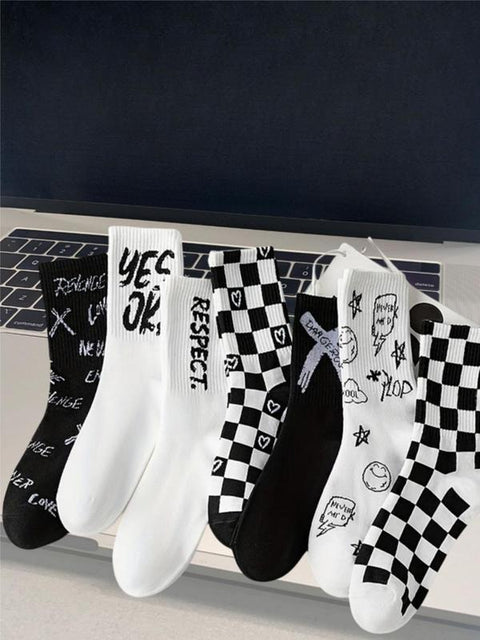 Chic Check & Letter Crew Socks