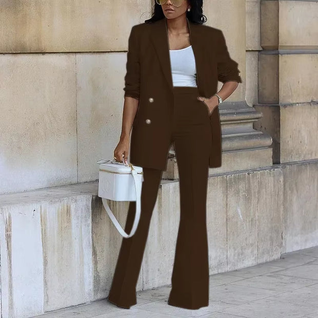 2025 Women’s Solid Color Casual Fashion Suit with Bell Bottoms – Western-Inspired Stylish Set