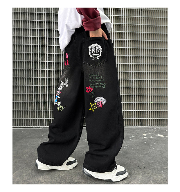 Boys Black Print Jeans Spring/Autumn Kids Wide Leg Pants Washed Denim Straight Pants Teen Children Pants 6 8 10 12 14 Years Old