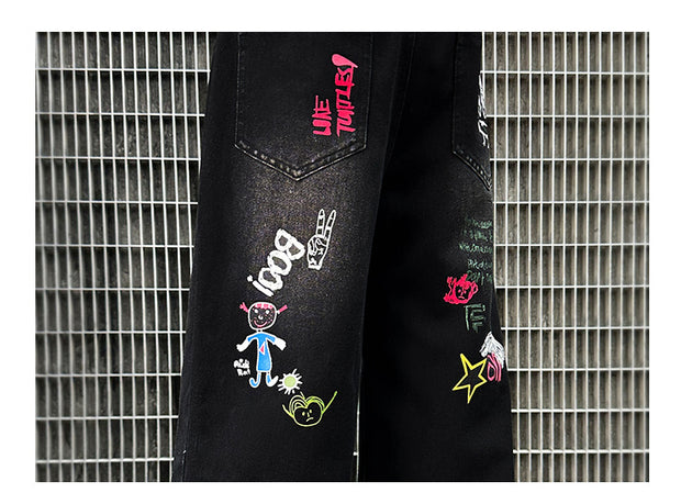 Boys Black Print Jeans Spring/Autumn Kids Wide Leg Pants Washed Denim Straight Pants Teen Children Pants 6 8 10 12 14 Years Old