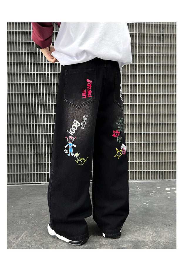Boys Black Print Jeans Spring/Autumn Kids Wide Leg Pants Washed Denim Straight Pants Teen Children Pants 6 8 10 12 14 Years Old