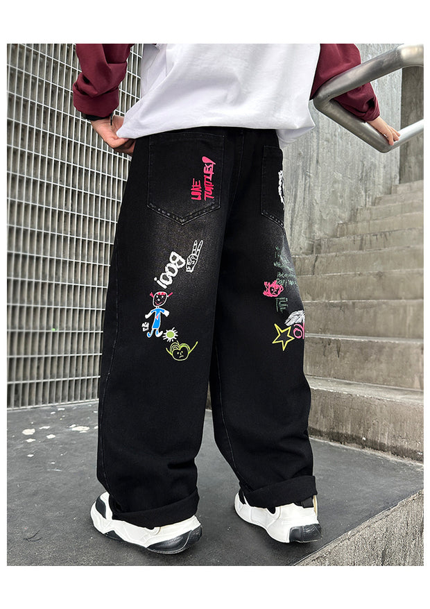 Boys Black Print Jeans Spring/Autumn Kids Wide Leg Pants Washed Denim Straight Pants Teen Children Pants 6 8 10 12 14 Years Old