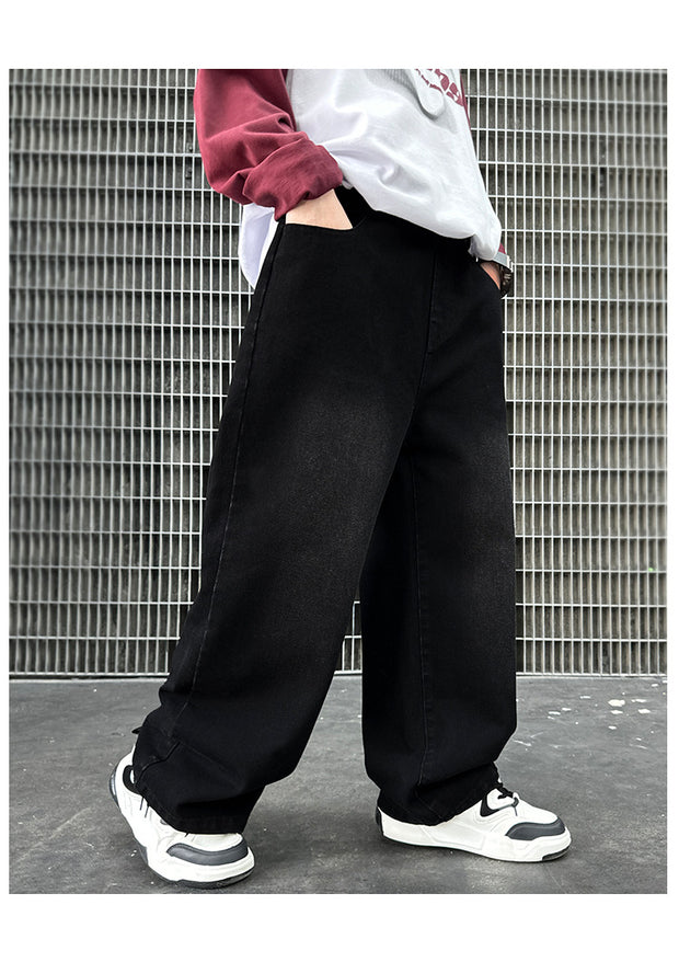 Boys Black Print Jeans Spring/Autumn Kids Wide Leg Pants Washed Denim Straight Pants Teen Children Pants 6 8 10 12 14 Years Old