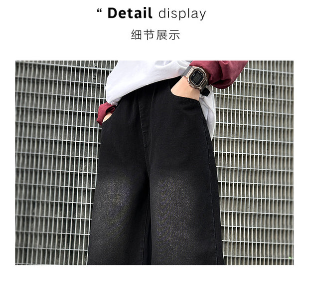 Boys Black Print Jeans Spring/Autumn Kids Wide Leg Pants Washed Denim Straight Pants Teen Children Pants 6 8 10 12 14 Years Old