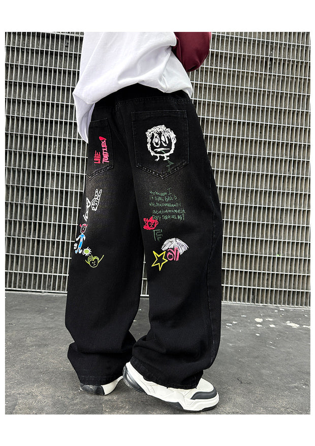 Boys Black Print Jeans Spring/Autumn Kids Wide Leg Pants Washed Denim Straight Pants Teen Children Pants 6 8 10 12 14 Years Old
