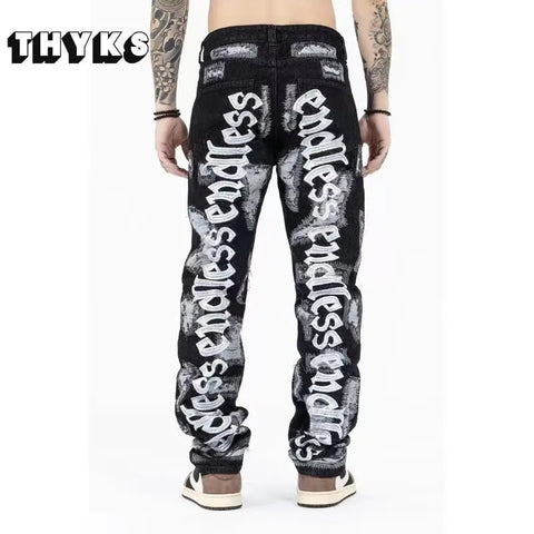 Letter Embroidery Jeans for Men High Street Gothic Style Streetwear Men Straight Baggy Causal Denim Trousers Unisex Spring