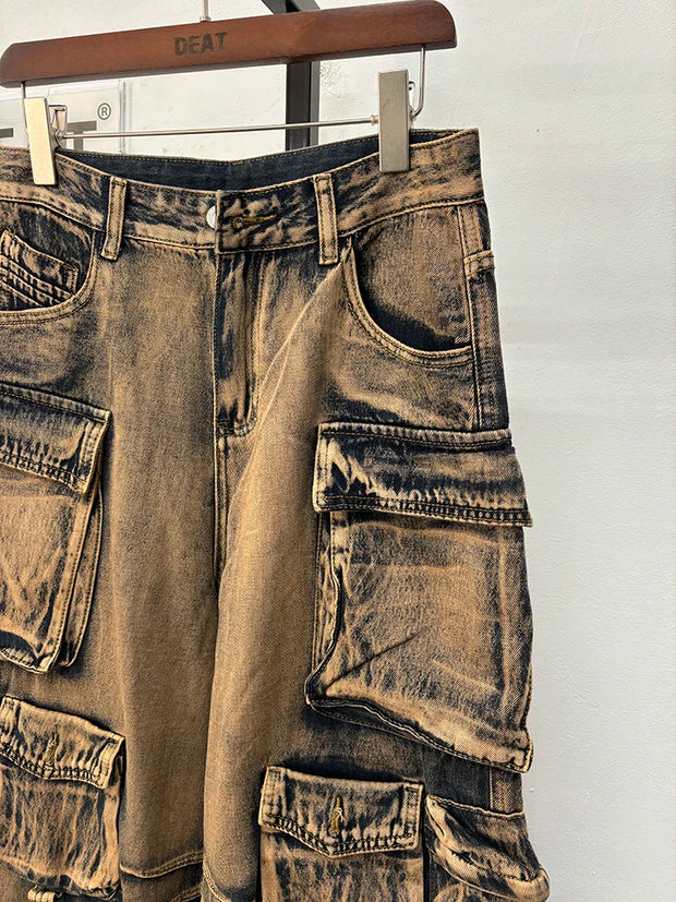 DEAT Fashion Gradient Multiple Pockets Design Jeans Women's Single Button High Waist Denim Pants 2025 Spring Female New 11XX4925