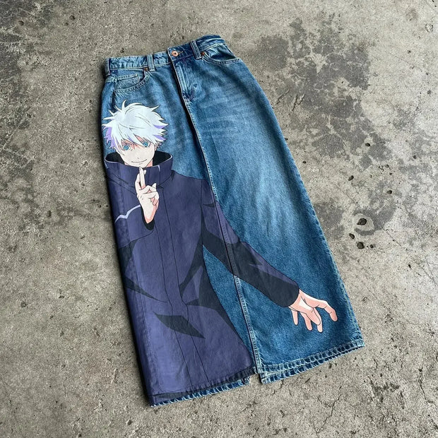 Harajuku Anime Graphic wide leg jeans High Waist Jeans Pants Women new Japanese Style Streetwear Y2K Jeans for Men Wide Trouser