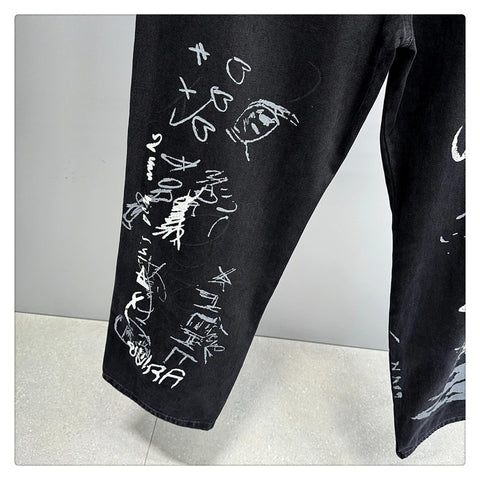 American Hip Hop Baggy Jeans Mens Clothing Streetwear Paint Graffiti Black Skateboard Street Dance Pants Kpop Denim Trousers