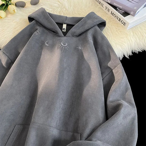 Men's hooded sweatshirt, oversized baggy sweater with Gothic star logo, American hip hop fashion sweatshirt, gray, winter