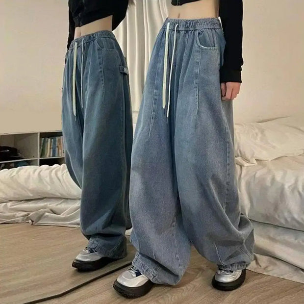 Unisex Denim Jeans Loose Jeans Vintage Wide Leg Denim Jeans with Elastic Waist Crotch Pockets Women's Streetwear Fashion for Hop