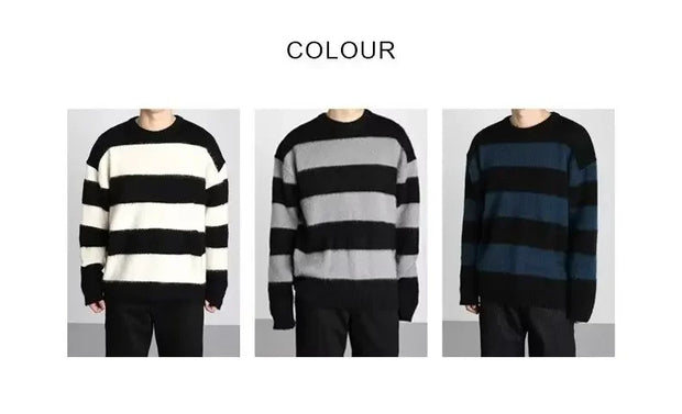 Casual Round Neck Striped Knitted Sweater New Style Loose Fit American Style Top Trendy Men's Trendy Sweater Winter