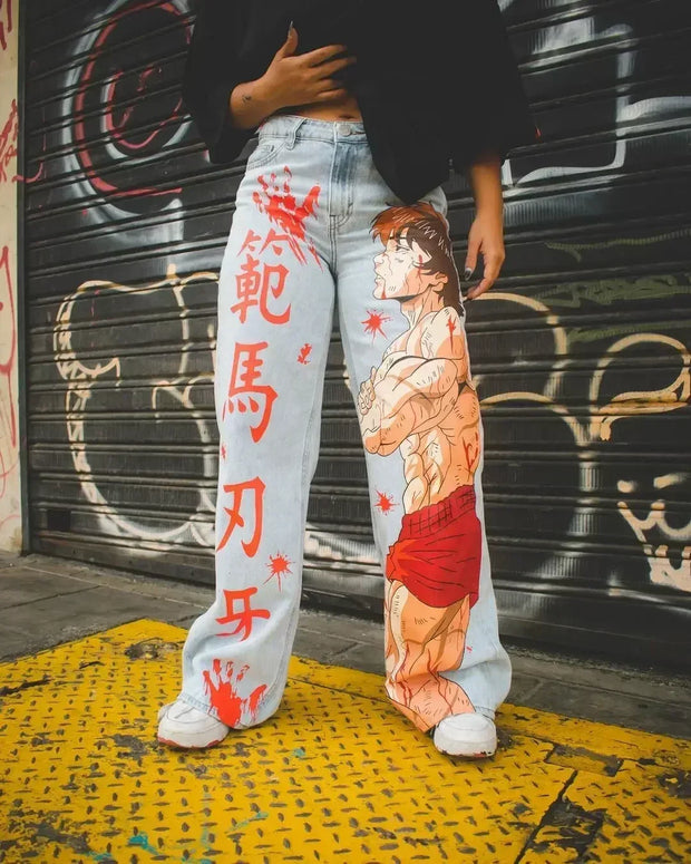 Harajuku Anime Graphic wide leg jeans High Waist Jeans Pants Women new Japanese Style Streetwear Y2K Jeans for Men Wide Trouser