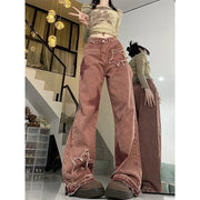 Women Jeans Pants 2025 Summer Y2K Girl Pants Women Loose Straight Elastic Waist Wide Leg Spliced Women Trousers Casual Soft Pant