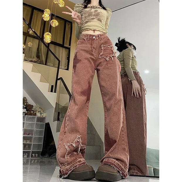 Women Jeans Pants 2025 Summer Y2K Girl Pants Women Loose Straight Elastic Waist Wide Leg Spliced Women Trousers Casual Soft Pant