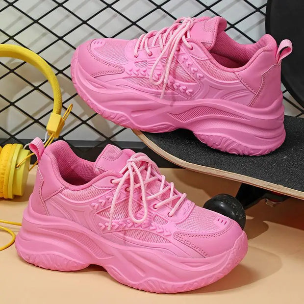 Pink Platform Sneakers Women Thick Sole Korean Chunky Sneakers 2025 Fashion Dad Shoes Woman Spring Height Increasing Sneakers