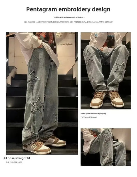 American High Street Style Men's Jeans Autumn Winter Straight Leg Loose Floor-Length Wide Leg Pants Casual Fashion