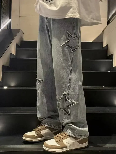 American High Street Style Men's Jeans Autumn Winter Straight Leg Loose Floor-Length Wide Leg Pants Casual Fashion