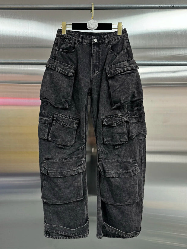 VGH Streetwear Loose Cargo Trousers for Women High Waist Spliced Pockets Washed Punk Style Wide Leg Pants Female Spring Clothes