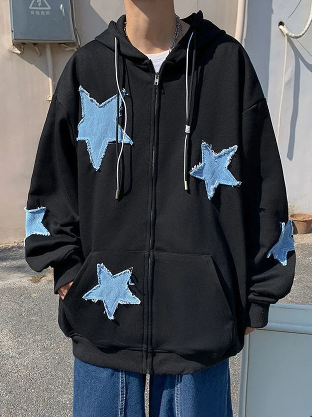 Y2k Hip Hop Women's Star Patch Zip Up Hoodie for Women Oversized Sweatshirt Jacket E-Girl 90s Pullover Gothic Streetwear