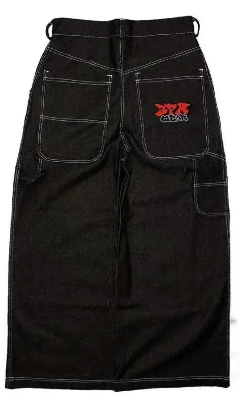 Y2K Washed Distressed Black Gray Jeans Men Women Harajuku Vintage Skull Graphic Embroidered Jeans Streetwear High Waist Trousers