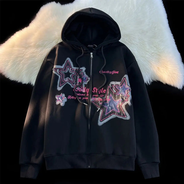 Aesthetic Star Print Cardigan Zip Up Sweatshirt Men Women Autumn Winter Loose Tide Brand Couple Hooded Zip Jacket Harajuku Y2k