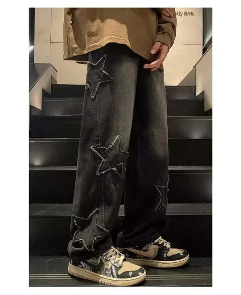 American High Street Style Men's Jeans Autumn Winter Straight Leg Loose Floor-Length Wide Leg Pants Casual Fashion