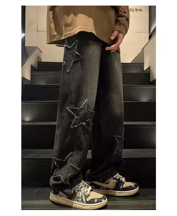 American High Street Style Men's Jeans Autumn Winter Straight Leg Loose Floor-Length Wide Leg Pants Casual Fashion