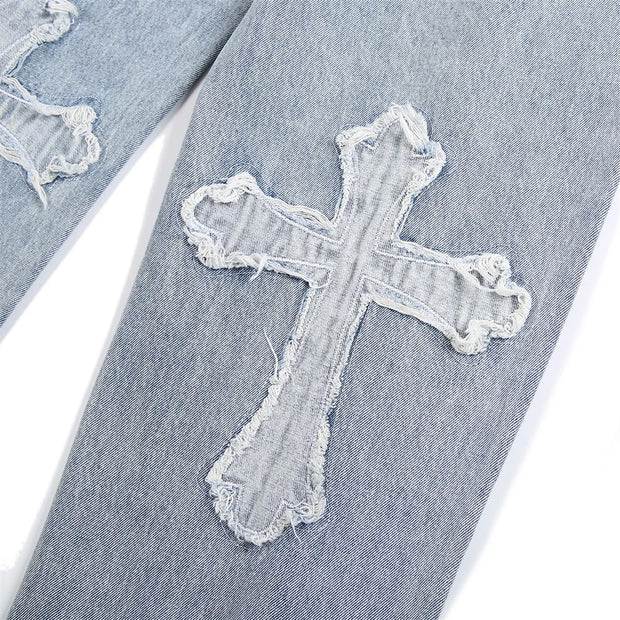 High Street Jeans Men Cross Graphic Baggy Denim Pants Unisex Young Streetwear Blue Loose Punk Casual Fashion Y2k Trousers Summer
