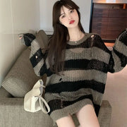 Korean Loose Hole Hollow Out Sweaters Spring Autumn Women's Clothing New Fashionable Trend Long Sleeve Striped Knitted Pullover