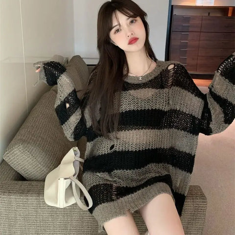 Korean Loose Hole Hollow Out Sweaters Spring Autumn Women's Clothing New Fashionable Trend Long Sleeve Striped Knitted Pullover