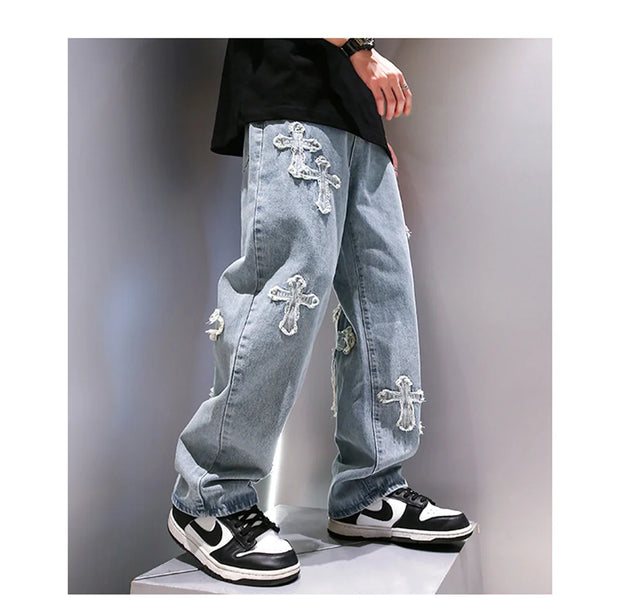 High Street Jeans Men Cross Graphic Baggy Denim Pants Unisex Young Streetwear Blue Loose Punk Casual Fashion Y2k Trousers Summer