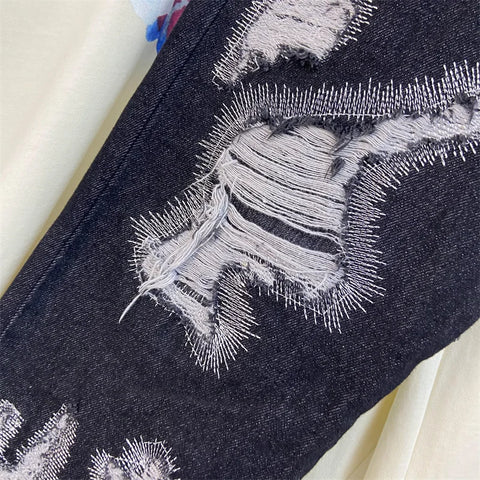 Letter Embroidery Jeans for Men High Street Gothic Style Streetwear Men Straight Baggy Causal Denim Trousers Unisex Spring