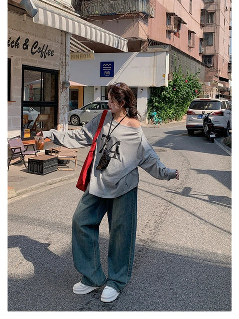 T-Shirts Women Off-shoulder Loose Fit Lazy Style All-match Young Students High Street Korean Fashion Spring Daily Tops Trendy