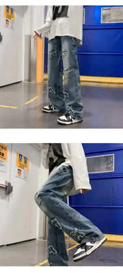 Jeans for Men Patchwork Letter Hip Hop Straight Wide Leg Fashion High Street Y2k Harajuku Do-old Popular Shopper Gradient Baggy