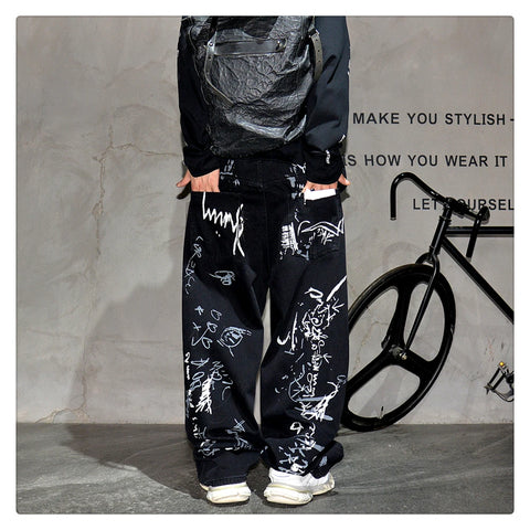 American Hip Hop Baggy Jeans Mens Clothing Streetwear Paint Graffiti Black Skateboard Street Dance Pants Kpop Denim Trousers