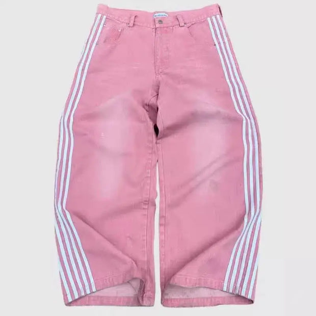 American Harajuku Style Baggy Jeans Y2K Streetwear Striped Denim Pant Men Women Casual Wide Leg Trousers Trendy High Street Pant