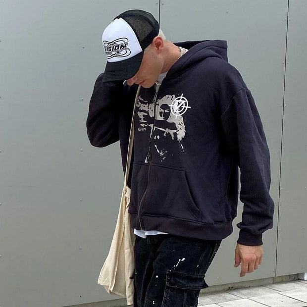 Y2K Rhinestone Cobweb Zip Up Oversized Sweatshirt 2022 Autumn Goth Hoodie Men Women Grunge Hooded Jacket Streetwear Y2K Clothing