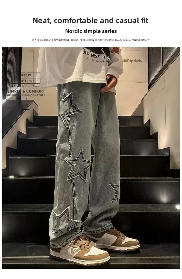 American High Street Style Men's Jeans Autumn Winter Straight Leg Loose Floor-Length Wide Leg Pants Casual Fashion