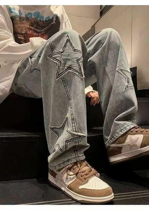 American High Street Style Men's Jeans Autumn Winter Straight Leg Loose Floor-Length Wide Leg Pants Casual Fashion